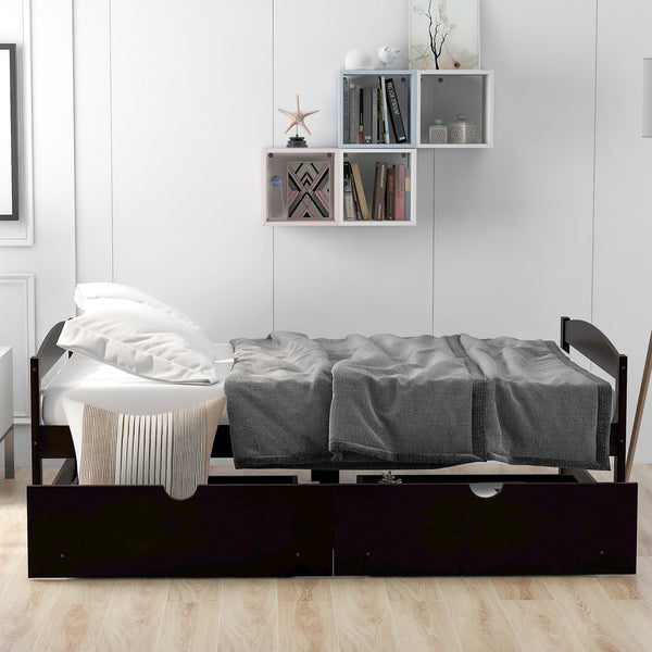 English Elm Twin platform bed with two under-bed storage drawers, durable pine & MDF frame, space-saving design Espresso WF195910AAP