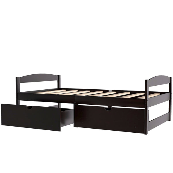 English Elm Twin platform bed with two under-bed storage drawers, durable pine & MDF frame, space-saving design Espresso WF195910AAP