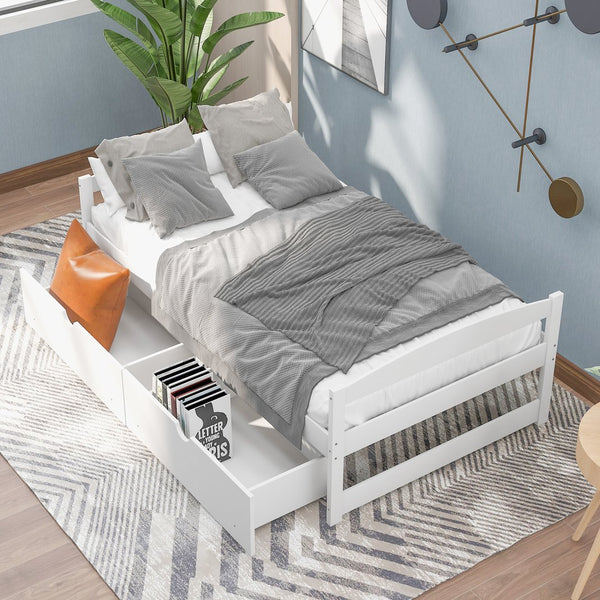 English Elm Twin platform bed with two under-bed storage drawers, durable pine & MDF frame, space-saving design White WF195910AAK