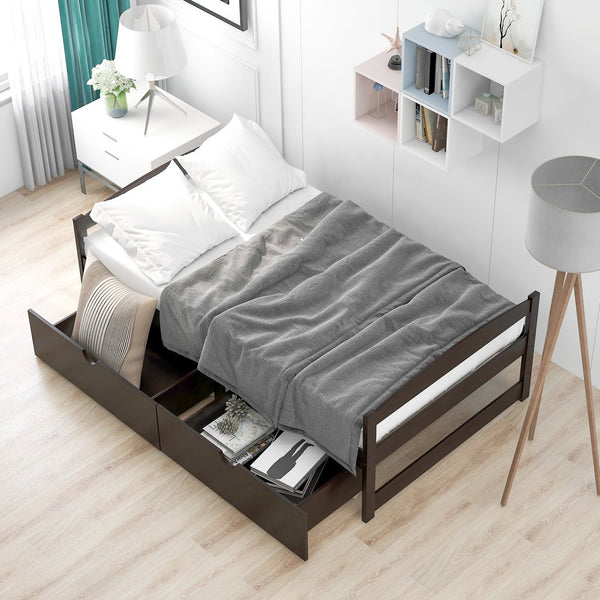 English Elm Twin platform bed with two under-bed storage drawers, durable pine & MDF frame, space-saving design Espresso WF195910AAP