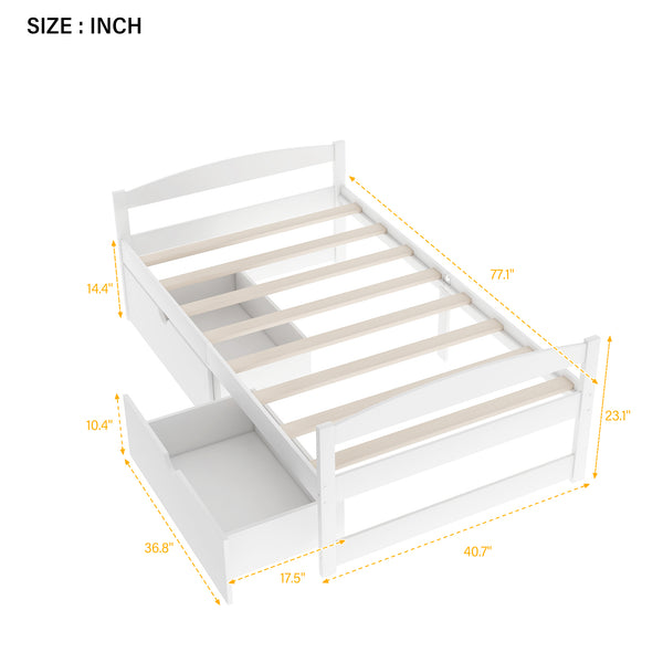 English Elm Twin platform bed with two under-bed storage drawers, durable pine & MDF frame, space-saving design White WF195910AAK