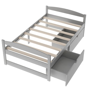 English Elm Twin platform bed with two under-bed storage drawers, durable pine & MDF frame, space-saving design Gray WF195910AAE
