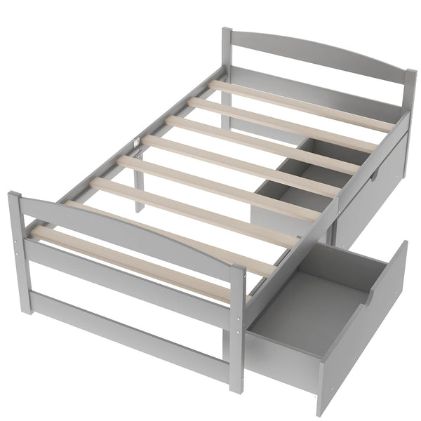 English Elm Twin platform bed with two under-bed storage drawers, durable pine & MDF frame, space-saving design Gray WF195910AAE