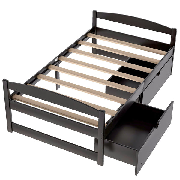 English Elm Twin platform bed with two under-bed storage drawers, durable pine & MDF frame, space-saving design Espresso WF195910AAP