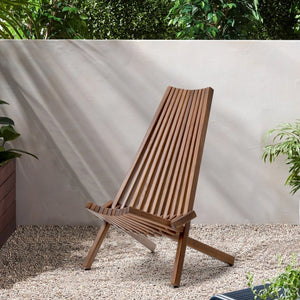 English Elm Folding Acacia Wood Chair with Tall Slanted Back for Patio Deck or Dining Room W55622286