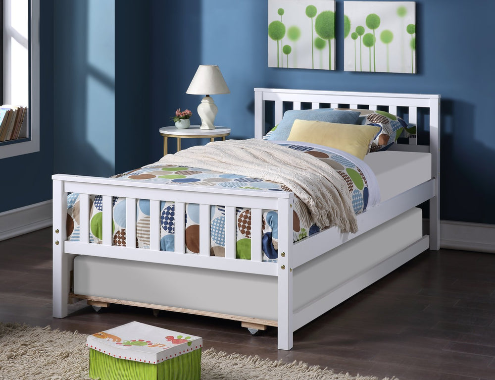 English Elm Twin Bed with Trundle Platform Frame Headboard & Footboard for Small Spaces, Solid Pine Design, No Box Spring Needed White W50422211