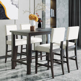 Hearth and Haven 5 Piece Counter Height Dining Set, Classic Elegant Table and 4 Chairs, Espresso and Beige