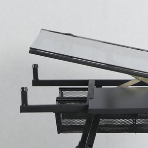 English Elm Drafting Table with Tempered Glass Top Tilt Adjustable Frame and Built in Storage Drawers W347P421209