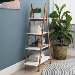 English Elm Solid Bamboo Four Tier Oxford Ladder Bookshelf Open Display for Living Room Corner W28222283