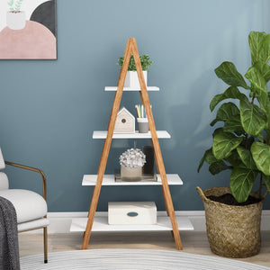English Elm Solid Bamboo Four Tier Oxford Ladder Bookshelf Open Display for Living Room Corner W28222283