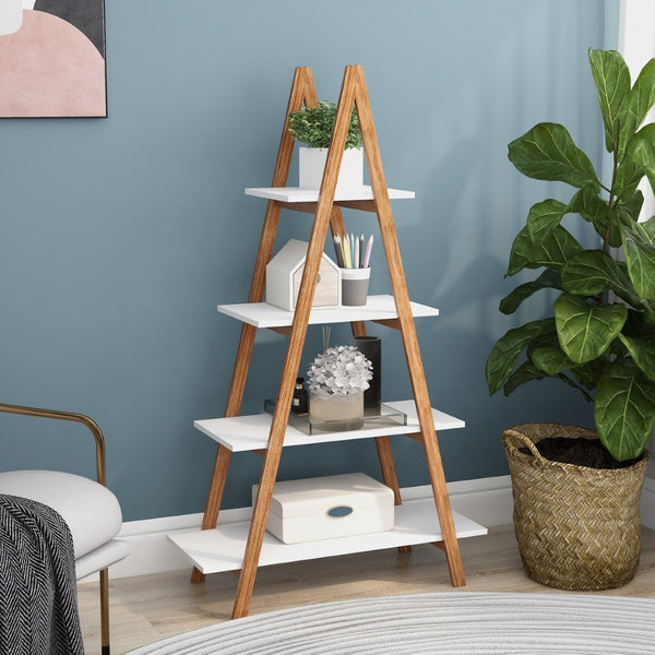 English Elm Solid Bamboo Four Tier Oxford Ladder Bookshelf Open Display for Living Room Corner W28222283