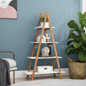 English Elm Solid Bamboo Four Tier Oxford Ladder Bookshelf Open Display for Living Room Corner W28222283