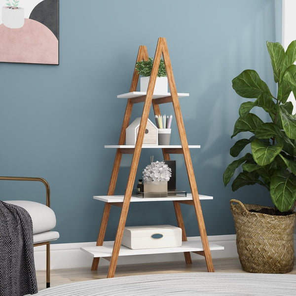 English Elm Solid Bamboo Four Tier Oxford Ladder Bookshelf Open Display for Living Room Corner W28222283