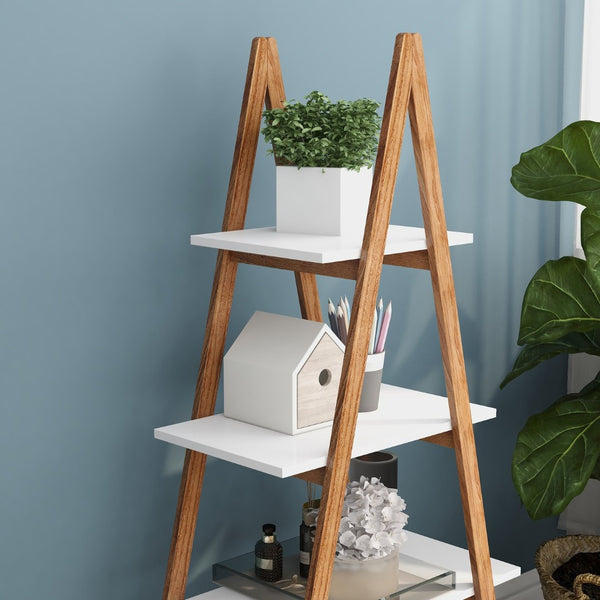 English Elm Solid Bamboo Four Tier Oxford Ladder Bookshelf Open Display for Living Room Corner W28222283