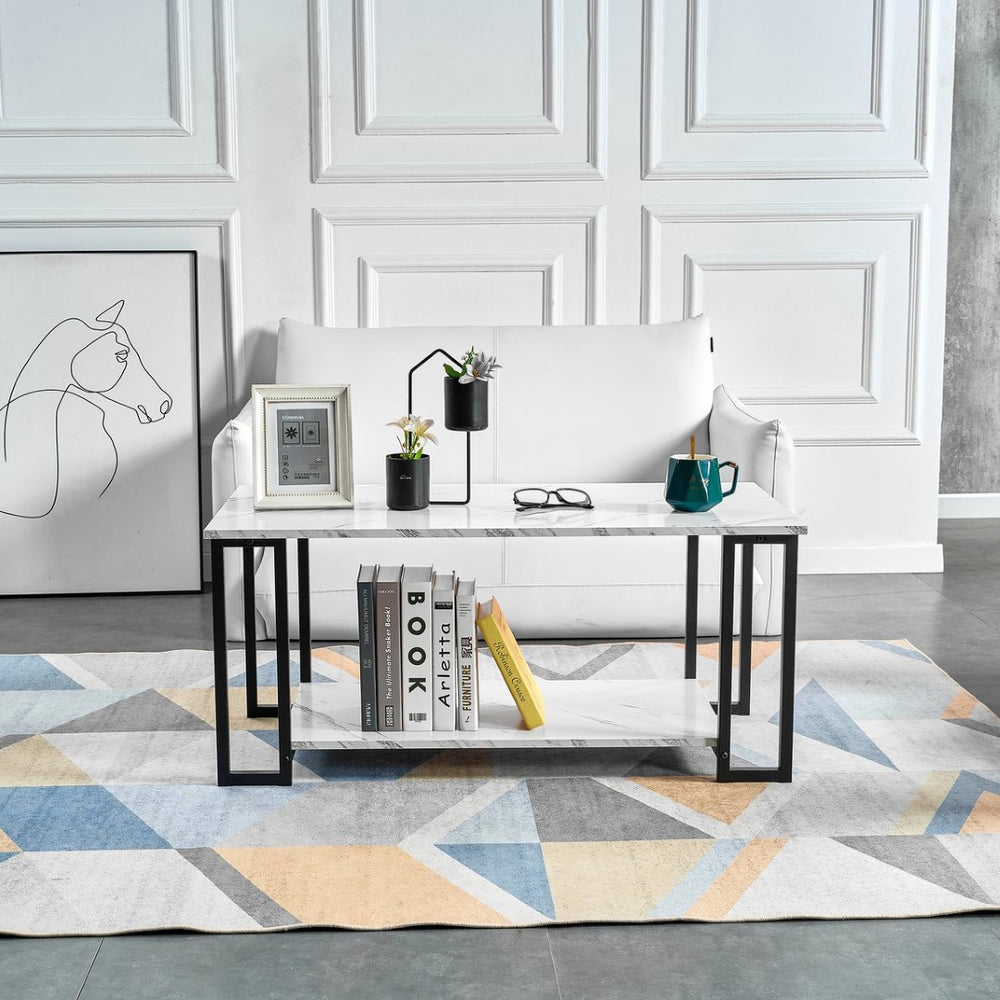 English Elm D&n Two Tier Marble Effect Mdf Rectangle Coffee Table with Black Iron Frame W37022707