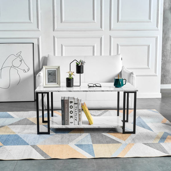 English Elm D&n Two Tier Marble Effect Mdf Rectangle Coffee Table with Black Iron Frame W37022707