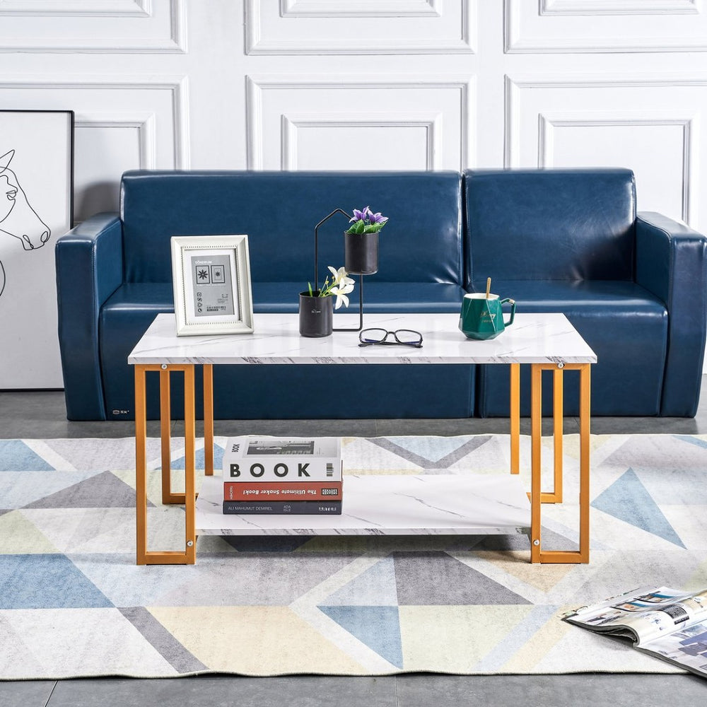 English Elm D&n Two Tier Marble Effect Mdf Rectangle Coffee Table with Black Iron Frame W37022709