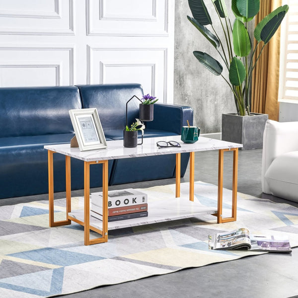 English Elm D&n Two Tier Marble Effect Mdf Rectangle Coffee Table with Black Iron Frame W37022709