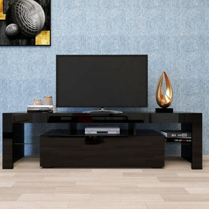 English Elm Modern Low Profile Media Console with Led Lighting Gloss Doors for Living Room or Gaming W33131067