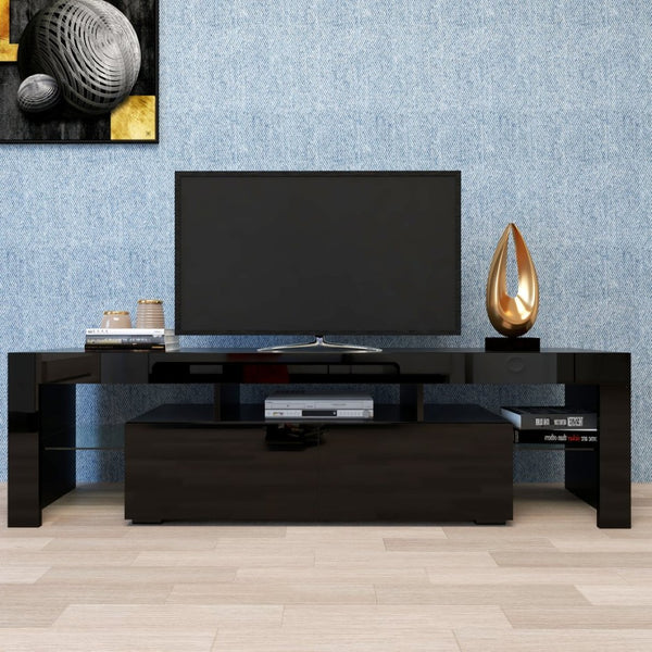 English Elm Modern Low Profile Media Console with Led Lighting Gloss Doors for Living Room or Gaming W33131067