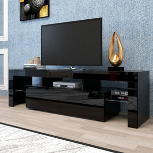English Elm Modern Low Profile Media Console with Led Lighting Gloss Doors for Living Room or Gaming W33131067