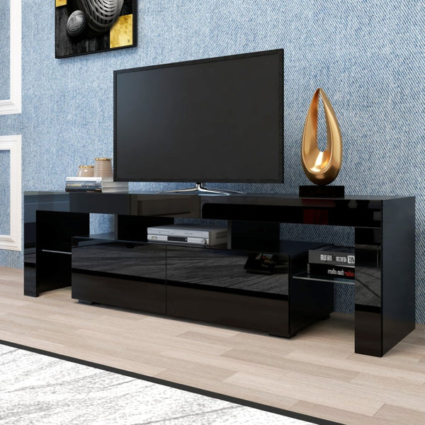 English Elm Modern Low Profile Media Console with Led Lighting Gloss Doors for Living Room or Gaming W33131067