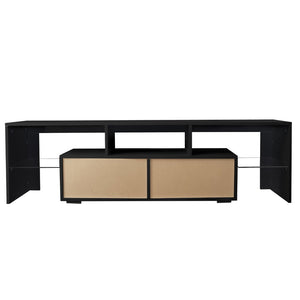 English Elm Modern Low Profile Media Console with Led Lighting Gloss Doors for Living Room or Gaming W33131067