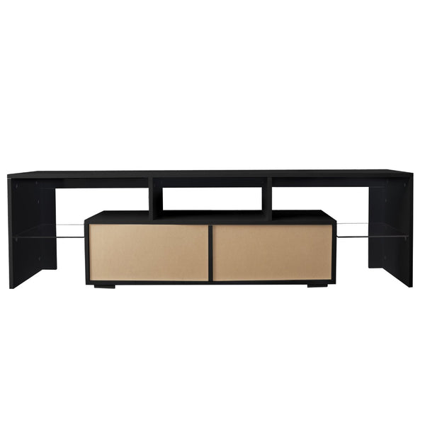English Elm Modern Low Profile Media Console with Led Lighting Gloss Doors for Living Room or Gaming W33131067