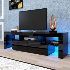 English Elm Modern Low Profile Media Console with Led Lighting Gloss Doors for Living Room or Gaming W33131067