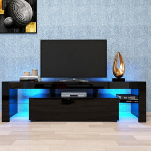 English Elm Modern Low Profile Media Console with Led Lighting Gloss Doors for Living Room or Gaming W33131067