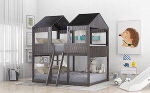 English Elm Full Over Playhouse Bunk Bed Pine Wood Pitched Roof Window Kids Bedroom LT000031AAE-1