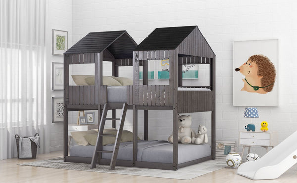 English Elm Full Over Playhouse Bunk Bed Pine Wood Pitched Roof Window Kids Bedroom LT000031AAE-1