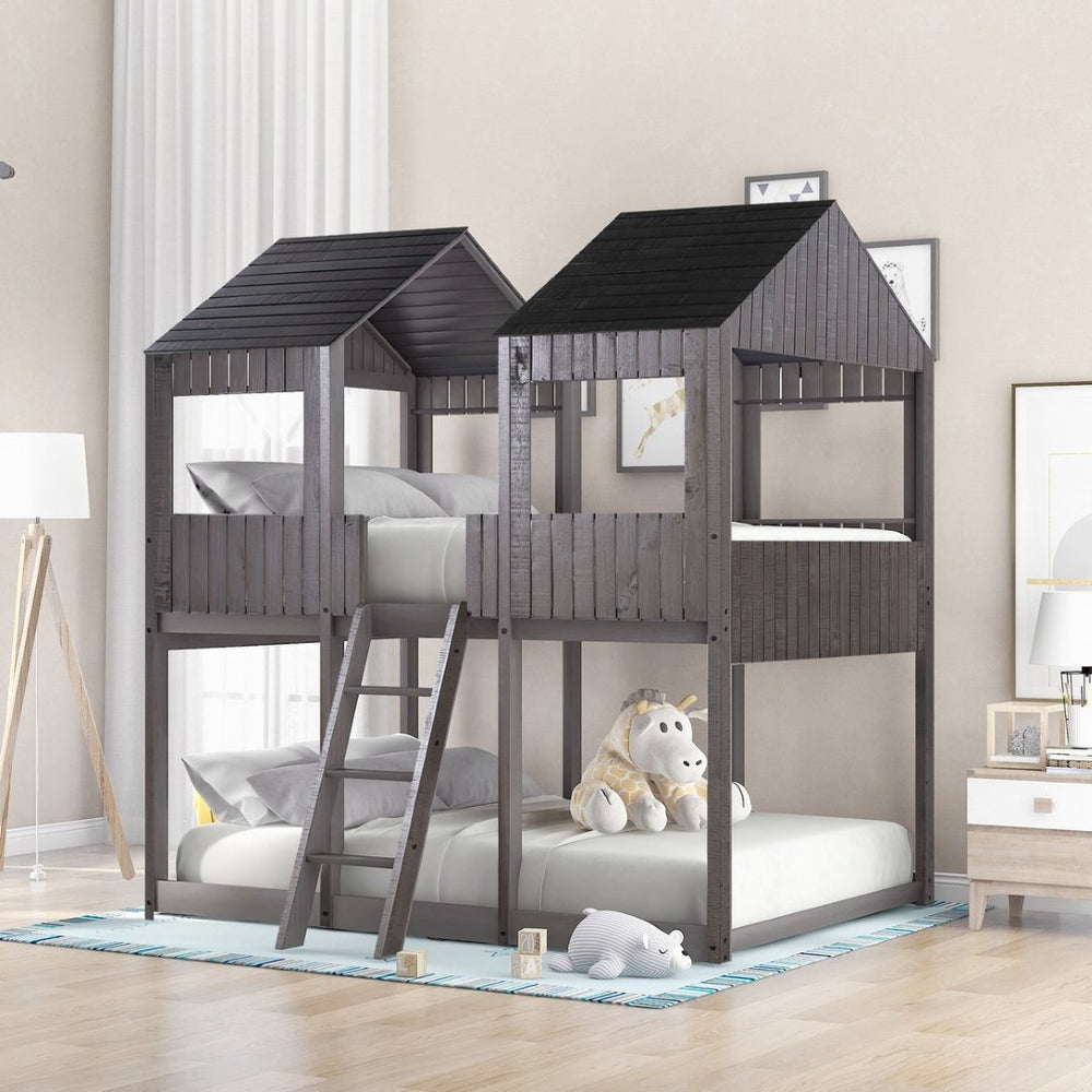 English Elm Full Over Playhouse Bunk Bed Pine Wood Pitched Roof Window Kids Bedroom LT000031AAE-1