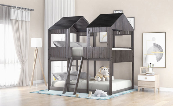 English Elm Full Over Playhouse Bunk Bed Pine Wood Pitched Roof Window Kids Bedroom LT000031AAE-1