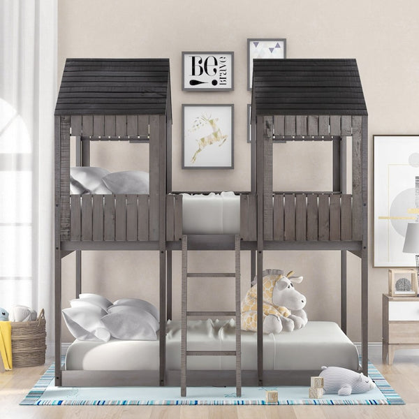 English Elm Full Over Playhouse Bunk Bed Pine Wood Pitched Roof Window Kids Bedroom LT000031AAE-1
