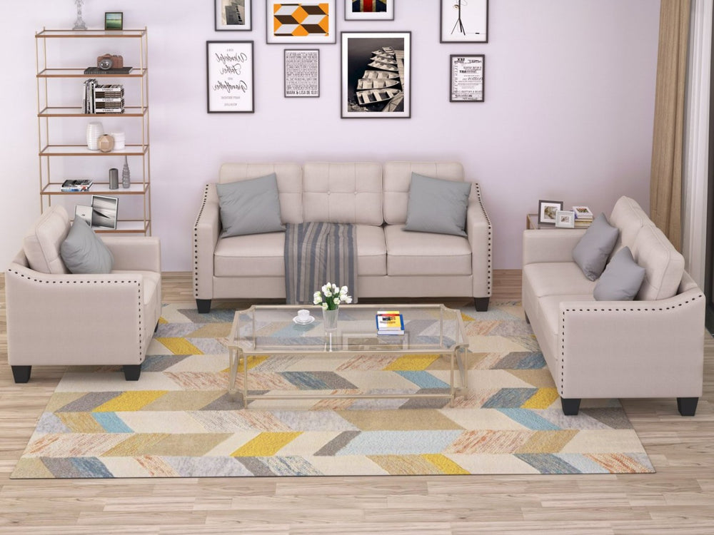 English Elm U_style Three Piece Upholstered Living Room Set with Tufted Rivet Arm Sofa Suite WY000177AAA