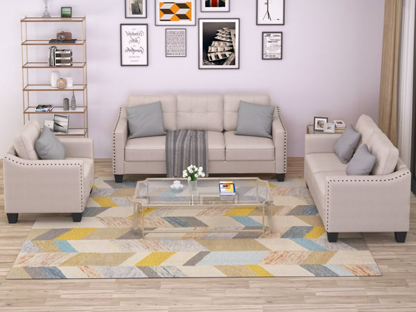English Elm U_style Three Piece Upholstered Living Room Set with Tufted Rivet Arm Sofa Suite WY000177AAA