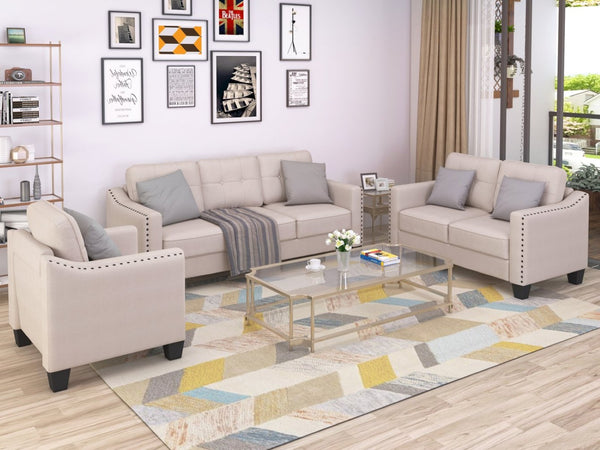 English Elm U_style Three Piece Upholstered Living Room Set with Tufted Rivet Arm Sofa Suite WY000177AAA