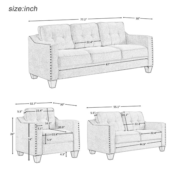 English Elm U_style Three Piece Upholstered Living Room Set with Tufted Rivet Arm Sofa Suite WY000177AAA