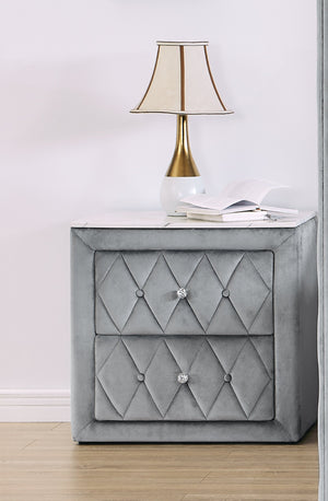 English Elm 1pc Nightstand with Faux Marble Top and 2 Drawers — Button Tufted Upholstery, Metal Knobs, Durable Build Gray 30 L x 21.5 W x 28.5 H B011P265730