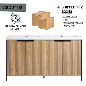 English Elm 60" Freestanding Bathroom Vanity with Double Resin Sink, Soft-Close Doors, Adjustable Shelves, Water-Resistant Finish W999S00383