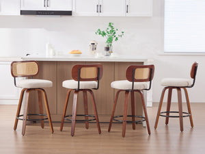 English Elm Set of 2 Swivel Counter Stools Walnut Frame Rattan Back Linen Seat Kitchen Island Beige W1143P392171