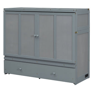 English Elm Full Size Wall Murphy Bed Cabinet with Storage Drawer and Built-in Usb Charging Gray N708P205903E