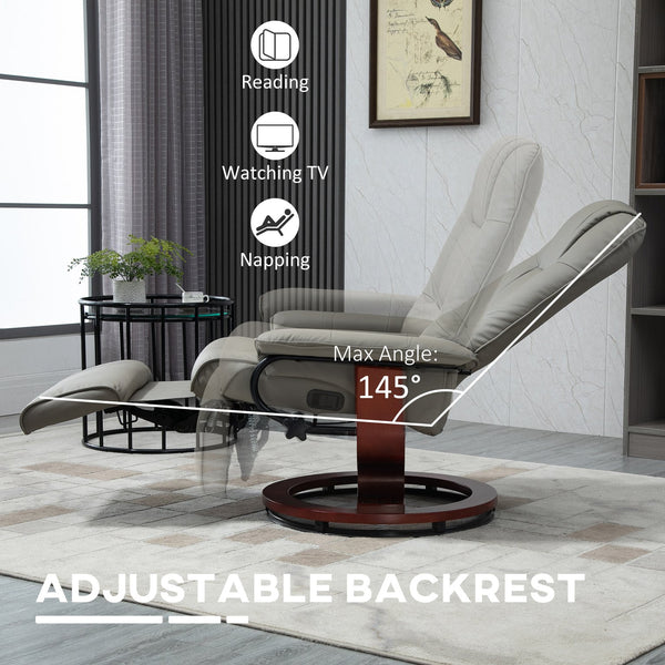 English Elm HOMCOM Gray Faux Leather Manual Recliner with Swivel Wood Base, 145° Recline, Padded Armrest and Footrest W2225P173862