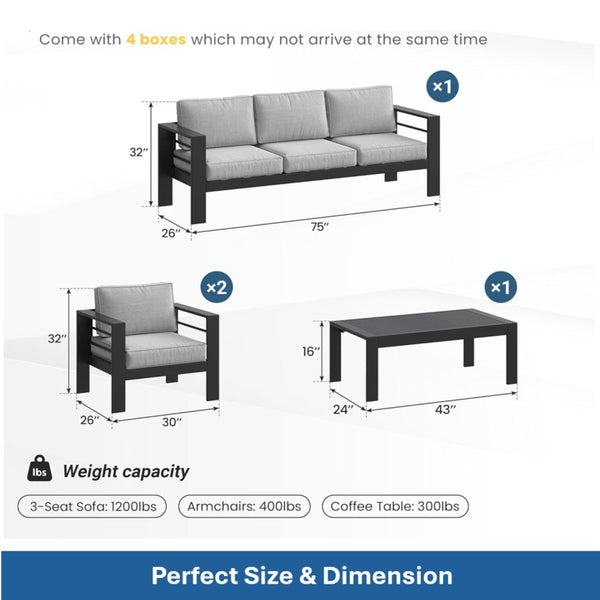 English Elm 4-piece Aluminum Outdoor Conversation Set with Rust-proof Matte Frame and Wpc Coffee Table Light Gray B082S00098