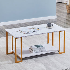English Elm D&n Two Tier Marble Effect Mdf Rectangle Coffee Table with Black Iron Frame W37022709