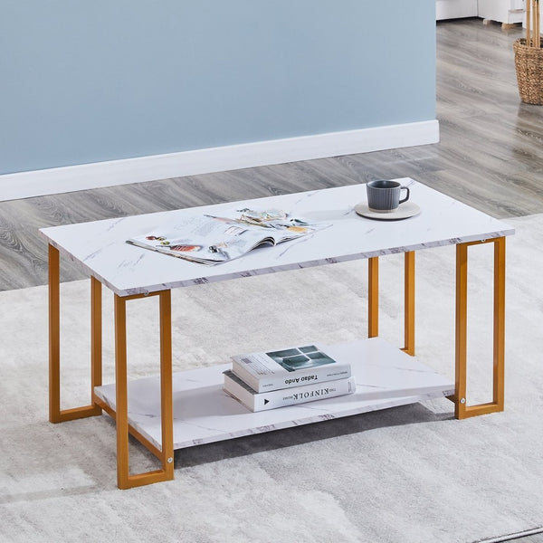 English Elm D&n Two Tier Marble Effect Mdf Rectangle Coffee Table with Black Iron Frame W37022709