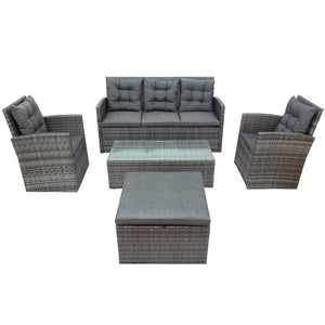 Hearth and Haven 5 Piece Outdoor UV Resistant Sofa Set with Storage Bench and Glass Table, Grey