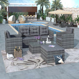 Hearth and Haven 5 Piece Outdoor UV Resistant Sofa Set with Storage Bench and Glass Table, Grey