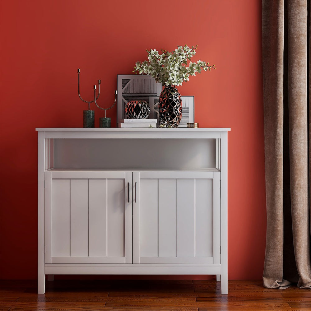 English Elm Kitchen Buffet Server Cabinet with Adjustable Shelves and Scratch Resistant White Finish W28209580